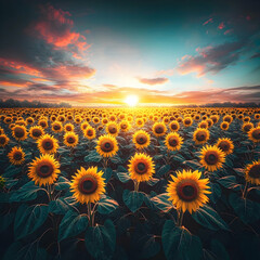 Obraz premium Sunflowers sunset field, summer landscape, nature beauty, agriculture scene, idyllic postcard