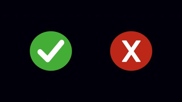 Animated pop-up green check mark and red cross X symbol on a transparent background, Video footage of yes or no, true or false