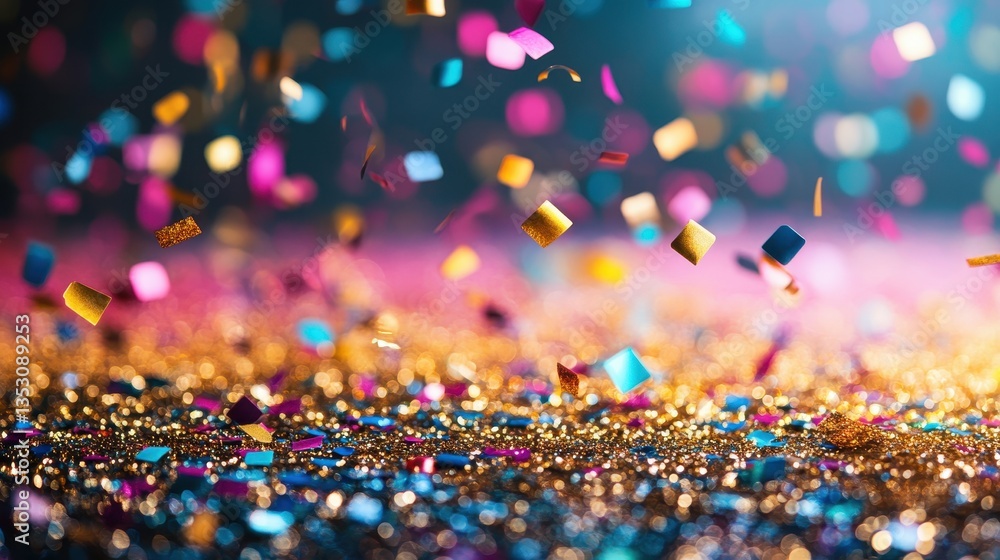 Poster colorful confetti glitter scattered on a surface creating a vibrant and festive atmosphere during a 