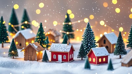 Fototapeta premium Miniature wooden houses on the snow over blurred Christmas decoration background, toned, postcard concept 