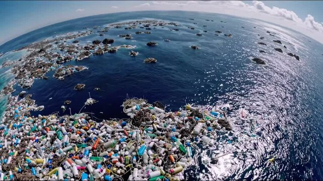 Expansive aerial view revealing widespread plastic waste dispersed across oceanic surface, highlighting critical environmental degradation through multicolored debris