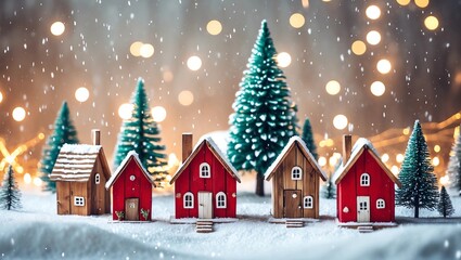 Miniature wooden houses on the snow over blurred Christmas decoration background, toned, postcard concept  