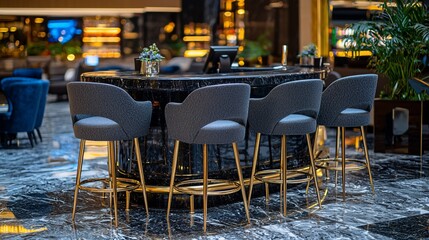 Modern Bar Counter with Grey Stools and Marble Top