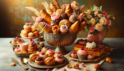 Fototapeta premium A delightful feast of pastries and cakes, beautifully arranged