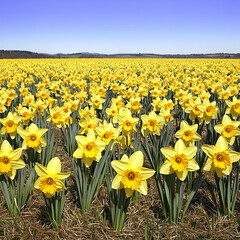 Obraz premium Vibrant yellow daffodil field under a clear blue sky; idyllic spring landscape, perfect for nature calendars