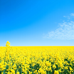 Obraz premium Vibrant yellow rapeseed field under a clear blue sky; idyllic rural landscape, perfect for spring or agriculture themes