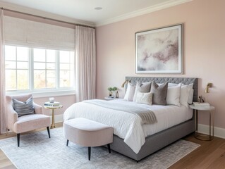 Fototapeta premium A beautifully designed bedroom displays elegant furniture and decor elements