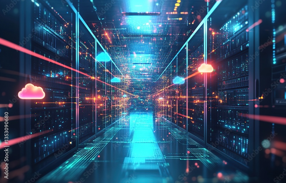 Poster abstract digital data center network with glowing blue and red lines
