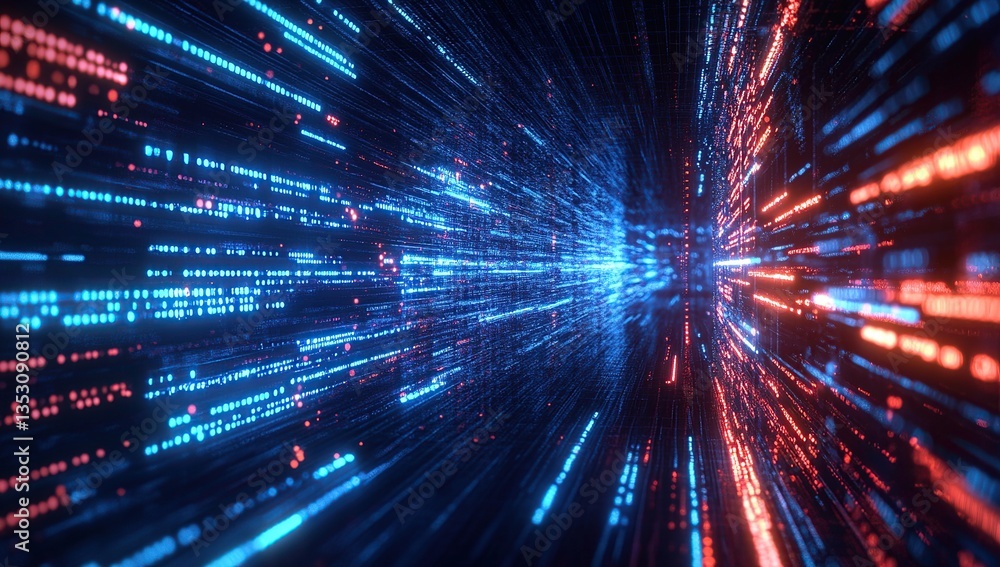 Poster abstract digital data stream: red and blue glowing particles flowing through a dark tunnel