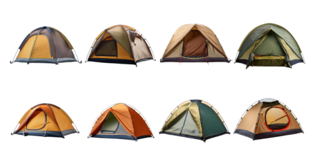 Variety of Camping Tents Displayed in Different Views and Styles, PNG bundle collection, Isolated on Transparent Background