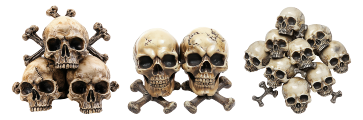 Decorative Skull Arrangements with Crossbones for Halloween or Gothic Decor, PNG bundle collection, Isolated on Transparent Background
