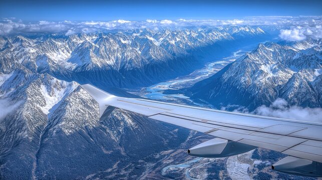 Panoramic aerial view of snow-capped mountains and a valley from an airplane window
