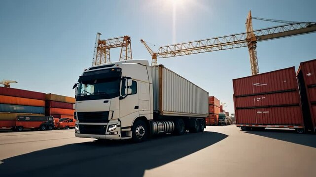 A dynamic video shot of a white truck in a shipping yard, captured from a low angle, highlighting industrial cranes and stacked containers under a clear sky.