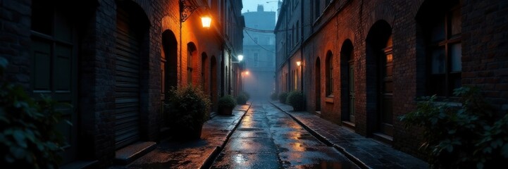 Obraz premium Moody dark alleyway with old bricks and mortar, rain soaked, wet, grunge, abandoned