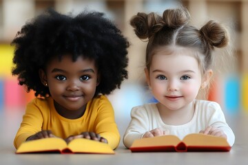 Two young children smiling while holding open books and learning