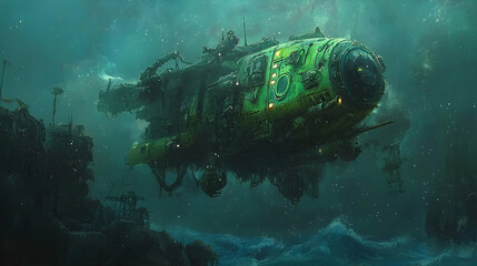 Underwater steampunk submarine exploring sunken city, dark fantasy scene, concept art