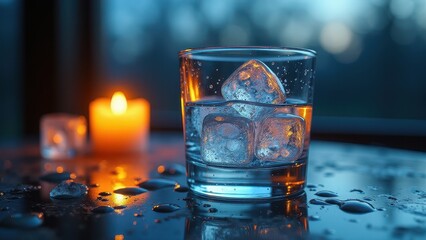 Glass filled with melting ice cubes on wet surface with candlelight in background	