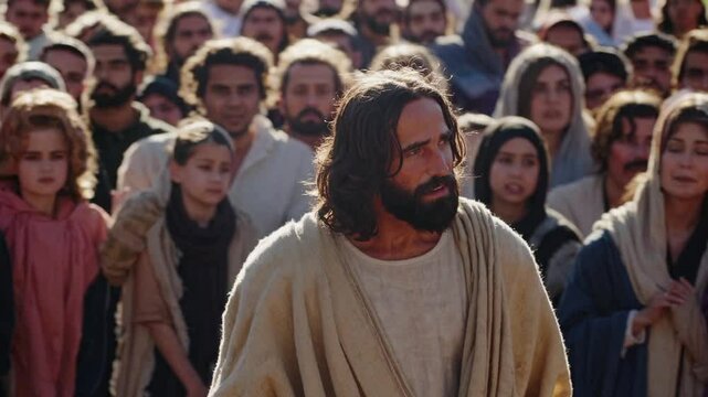 Dramatic reenactment of Jesus Christ walking through a crowd of followers in historical robes, set in a biblical or ancient context.
