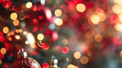 Festive bokeh lights create a warm, enchanting Christmas atmosphere with shimmering ornaments adding sparkle to the holiday season.