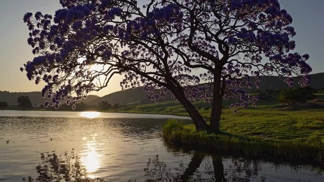 A jacaranda tree with purple blossoms by a calm lake during sunset, creating a peaceful and scenic atmosphere in the lush landscape.