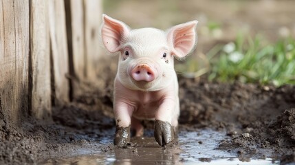 Playful Piglet Enjoys Mud Puddle on Farm.