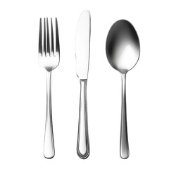High quality silverware set featuring a fork, knife, and spoon isolated on a Transparent background, Silverware. Fork, spoon and knife isolated on white