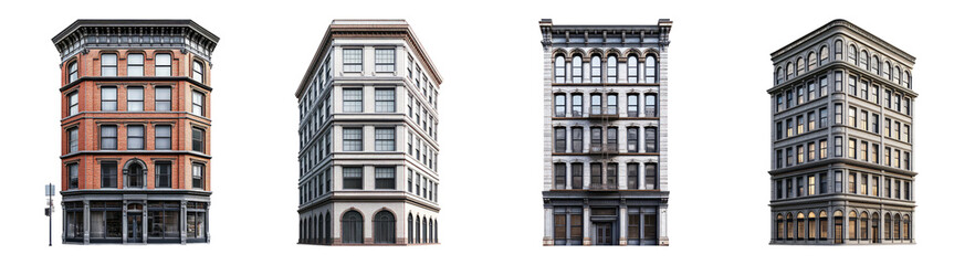 Obraz premium Vintage Urban Architecture Facades for Cityscape Designs and Illustrations, Isolated on Transparent Background