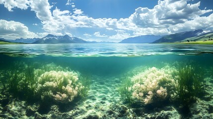 Fototapeta premium Clear lake showcases diverse aquatic life thriving in pristine waters, highlighting importance of environmental protection and climate awareness