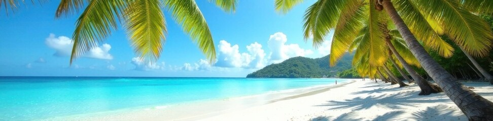 Palm tree lined beach with sandy shore and turquoise water , sand, beach