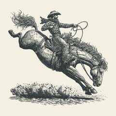 A cowboy rides a bucking bronco in a rodeo vector illustration