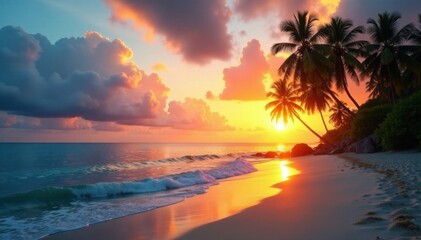 Palm trees line the shore of a tranquil beach at sunset, sunset, sandy beach