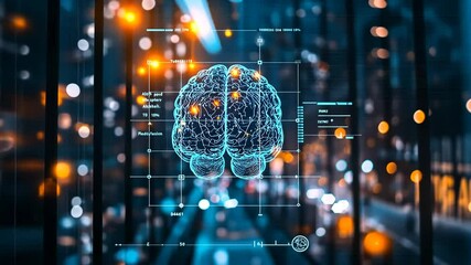 Digital Brain Network in Glowing City at Night - Powered by Adobe