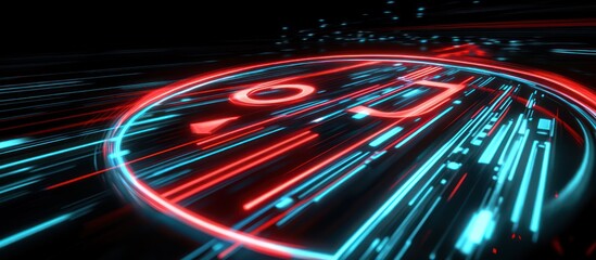 A futuristic digital clock with bright red and cyan glowing lines, displaying holographic effects on a sleek black background