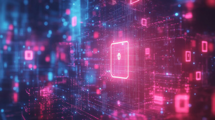 Digital padlock glowing in vibrant cyber network, symbolizing cybersecurity and data protection. abstract background features interconnected lines and nodes in blue and pink hues