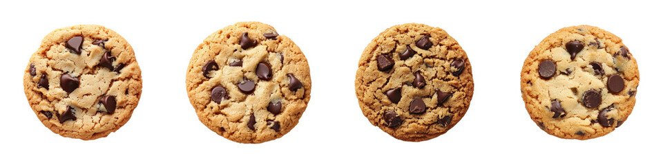 Four golden chocolate chip cookies arranged in a line.