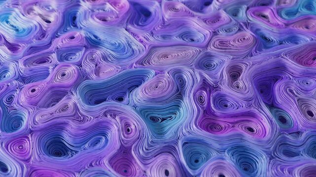 Seamless loop 3D animation of swirling abstract patterns in purple and blue tones. Fluid vortex motion with hypnotic, organic flow. Perfect for backgrounds, music visuals, or creative projects. 4K.