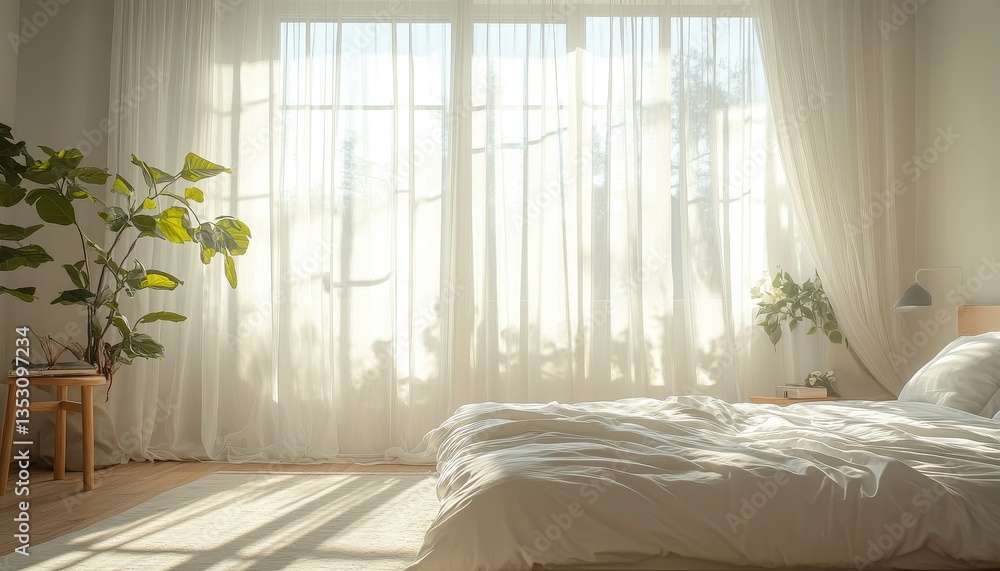 Poster Soft morning light filters through sheer curtains in a cozy bedroom with plants and a neatly made bed, creating a serene atmosphere for relaxation