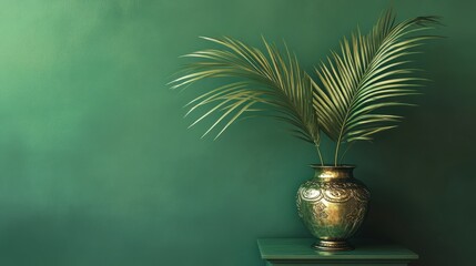 Decorative vase with palm leaves on teal background. Possible use Interior design