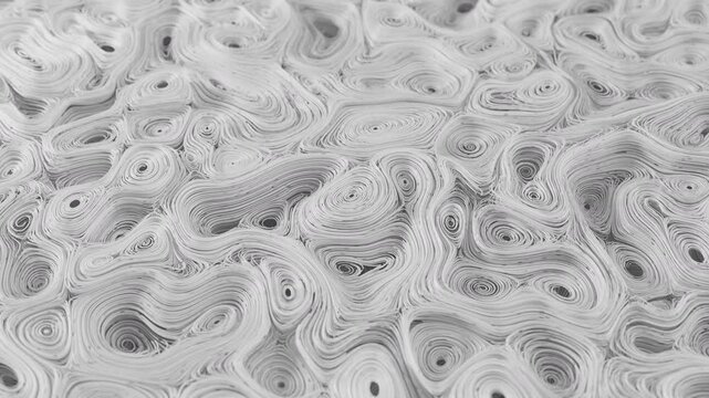 Seamless looping 3D animation of abstract white swirling layers in fluid motion. Hypnotic, modern texture perfect for backgrounds, sci-fi designs, or tech-themed visual effects. 4K.