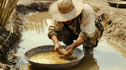 Man panning for gold in muddy water, rural setting, sunny day, background shows agricultural land, suitable for illustrating artisanal mining