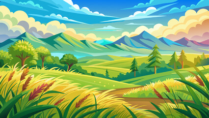 vector of fresh and vibrant grassland landscape with clear skies and a gentle breeze sweeping through