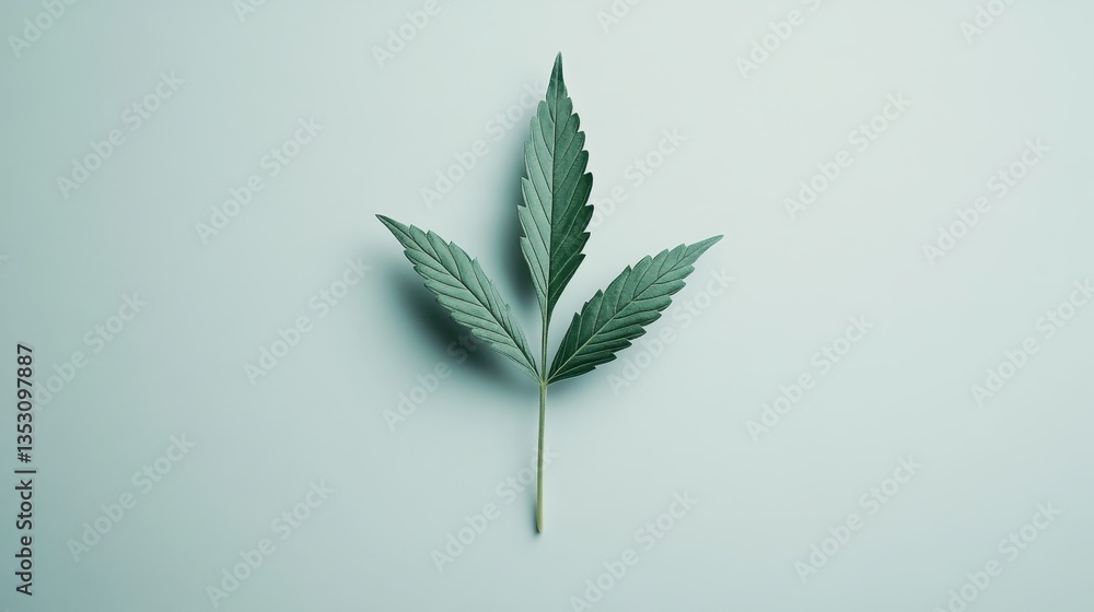 Poster fresh cannabis leaf standing upright on a minimalistic surface under natural light showcasing its vi