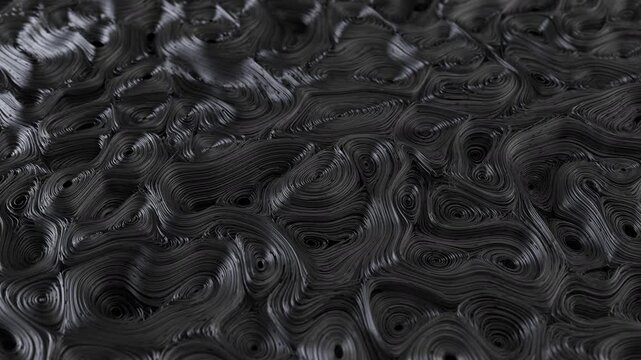 Seamless looping 3D animation of abstract black swirling layers in fluid motion. Hypnotic, modern texture perfect for backgrounds, sci-fi designs, or tech-themed visual effects. 4K.