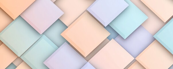 A geometric abstract pattern with overlapping squares in pastel peach, light blue, and muted purple