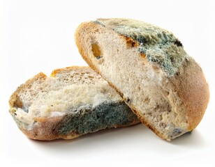 Sliced moldy bread with green and white mold growth on crust