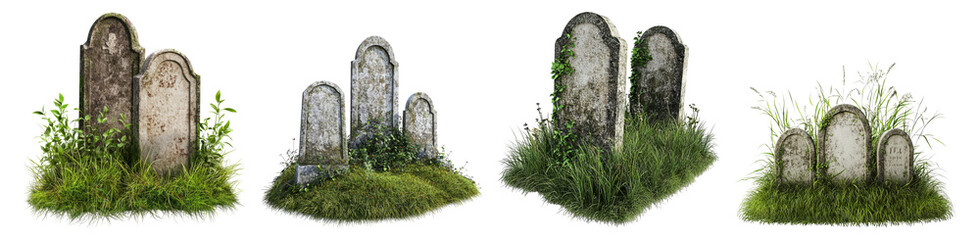 Graveyard Headstones Surrounded by Lush Green Grass and Weeds, PNG bundle collection, Isolated on Transparent Background, PNG bundle collection, Isolated on Transparent Background