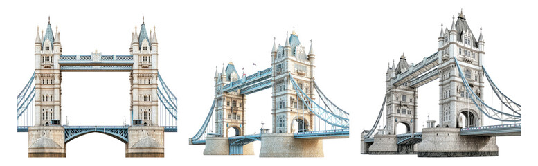 Iconic Tower Bridge London in Different Perspectives and Styles, PNG bundle collection, Isolated on Transparent Background