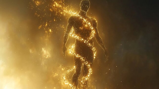 Glowing human form with DNA helix.