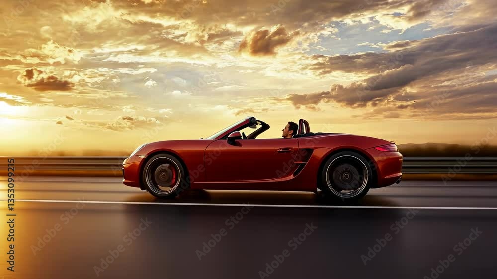 Poster side view of a red convertible speeding on a highway at sunset, captured in a dynamic video style, e