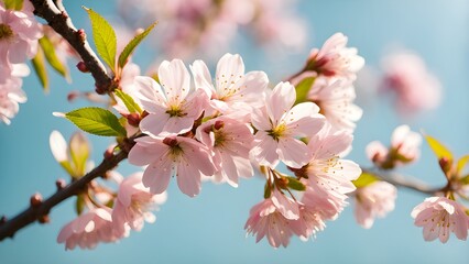 Obraz premium Close-up delicate pink cherry blossoms blooming a branch against a bright blue sky.
